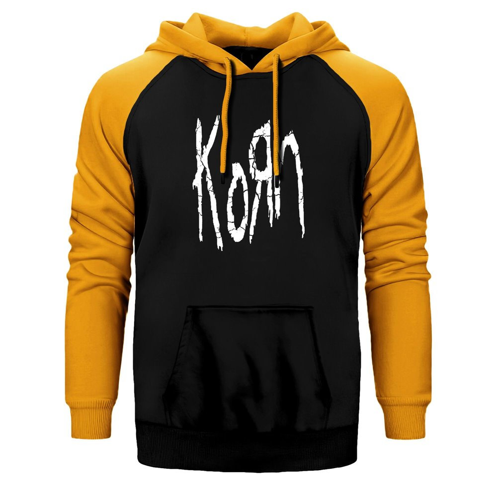 Korn Logo Hoodie, Double Color Raglan Sleeve Yellow Sweatshirt Rock