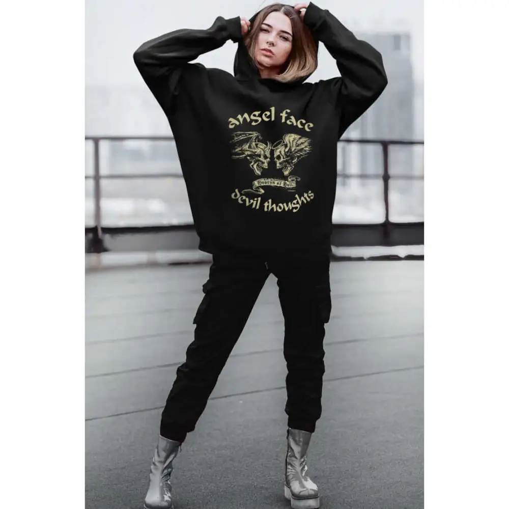 Angel Devil Hoodie Thick Oversize Women's Black Sweatshirt