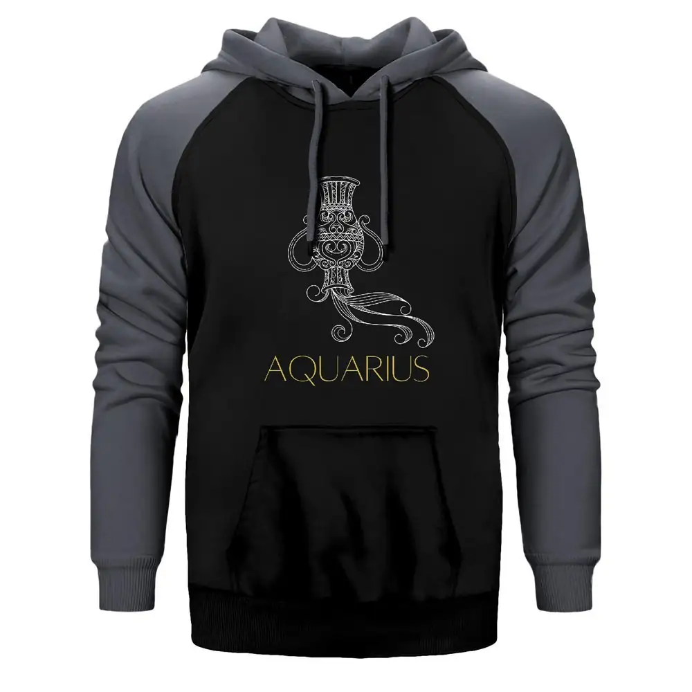 Aquarius Zodiac Retro Hoodie, Double Color Raglan Sleeve Gray Sweatshirt