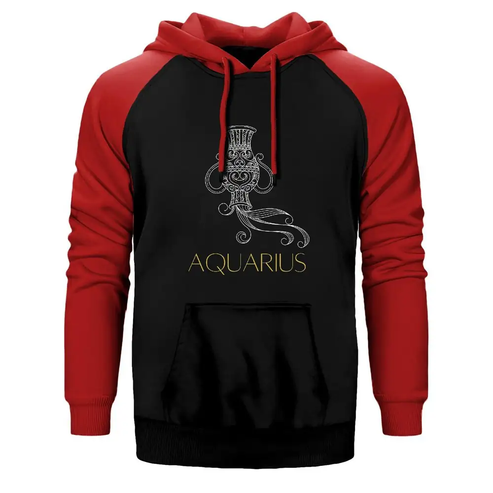 Aquarius Zodiac Retro Hoodie, Double Color Raglan Sleeve Red Sweatshirt