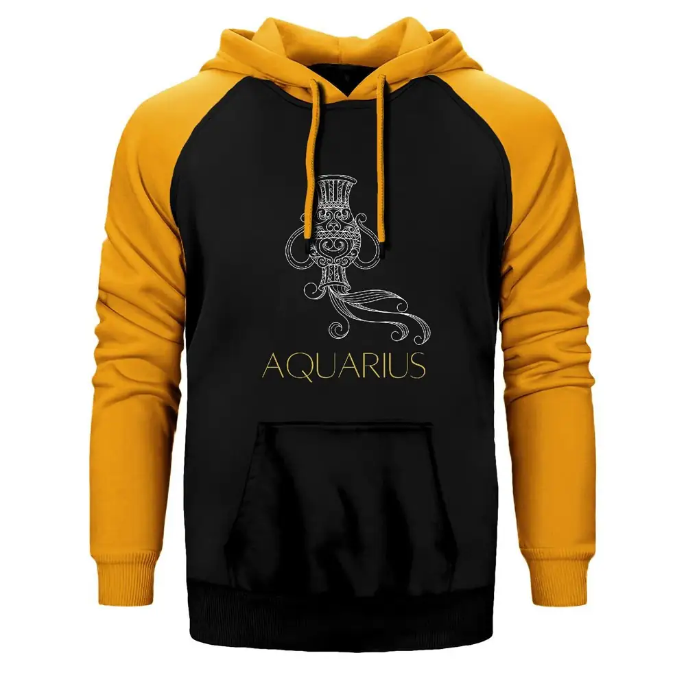 Aquarius Zodiac Retro Hoodie, Double Color Raglan Sleeve Yellow Sweatshirt