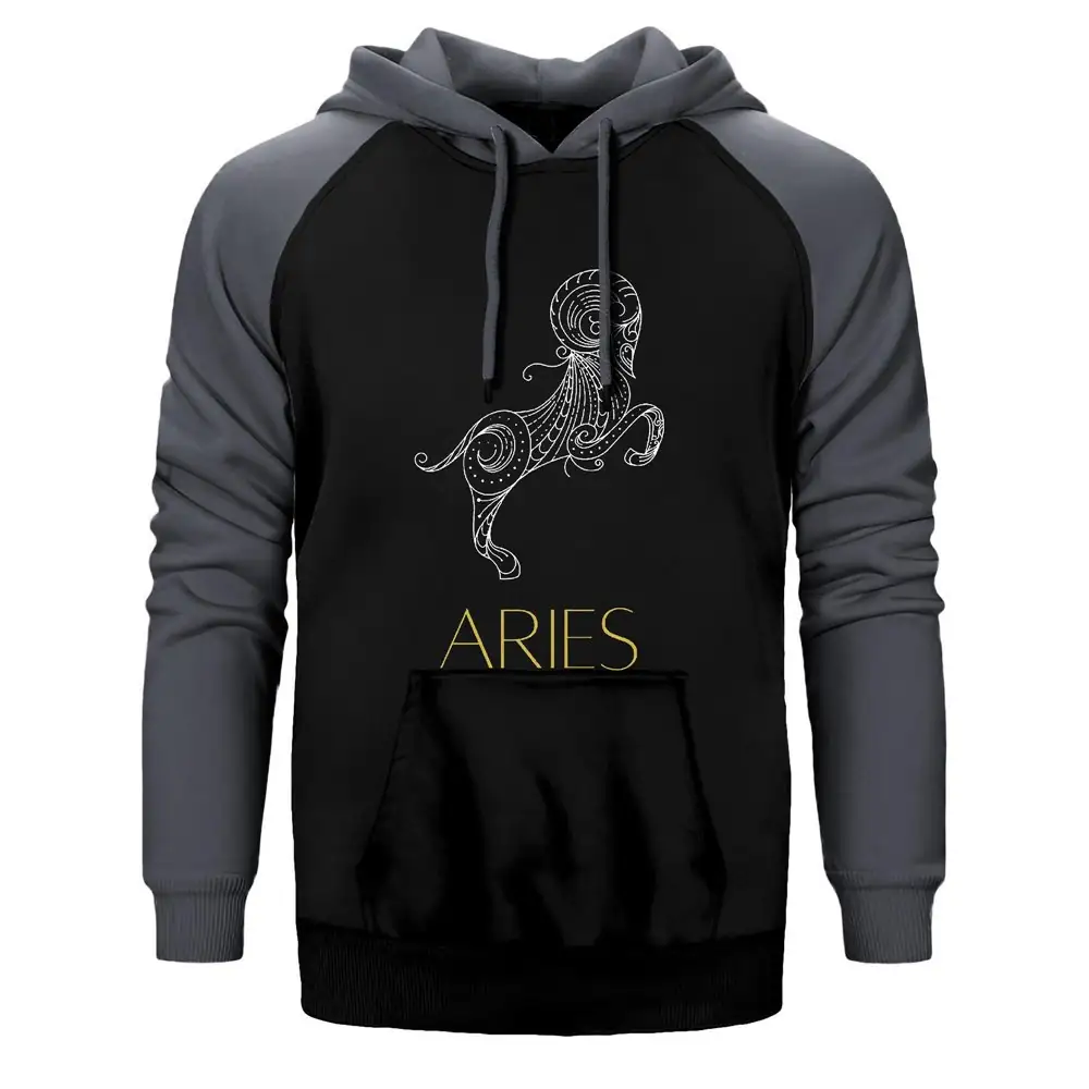 Aries Zodiac Retro Hoodie, Double Color Raglan Sleeve Gray Sweatshirt