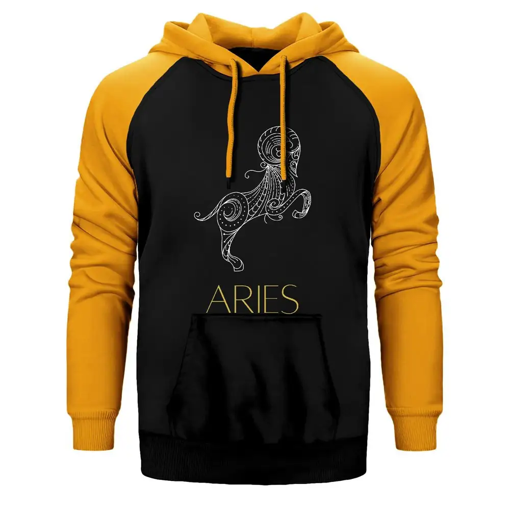 Aries Zodiac Retro Hoodie, Double Color Raglan Sleeve Yellow Sweatshirt