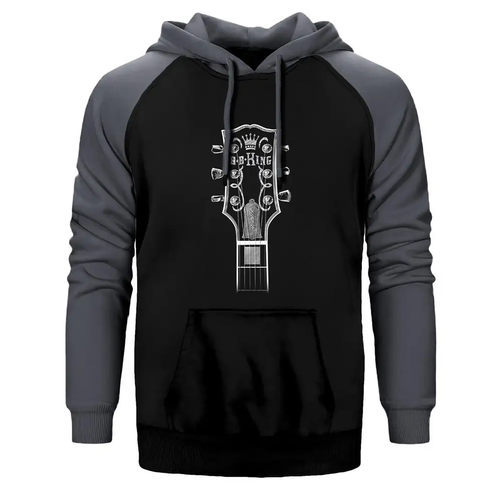 B B King Guitar Head Hoodie, Double Color Raglan Sleeve Grey Sweatshirt