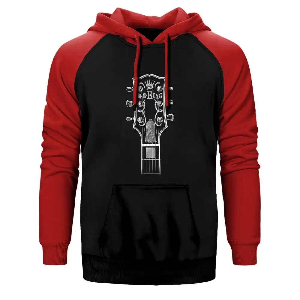 B B King Guitar Head Hoodie, Double Color Raglan Sleeve Red Sweatshirt