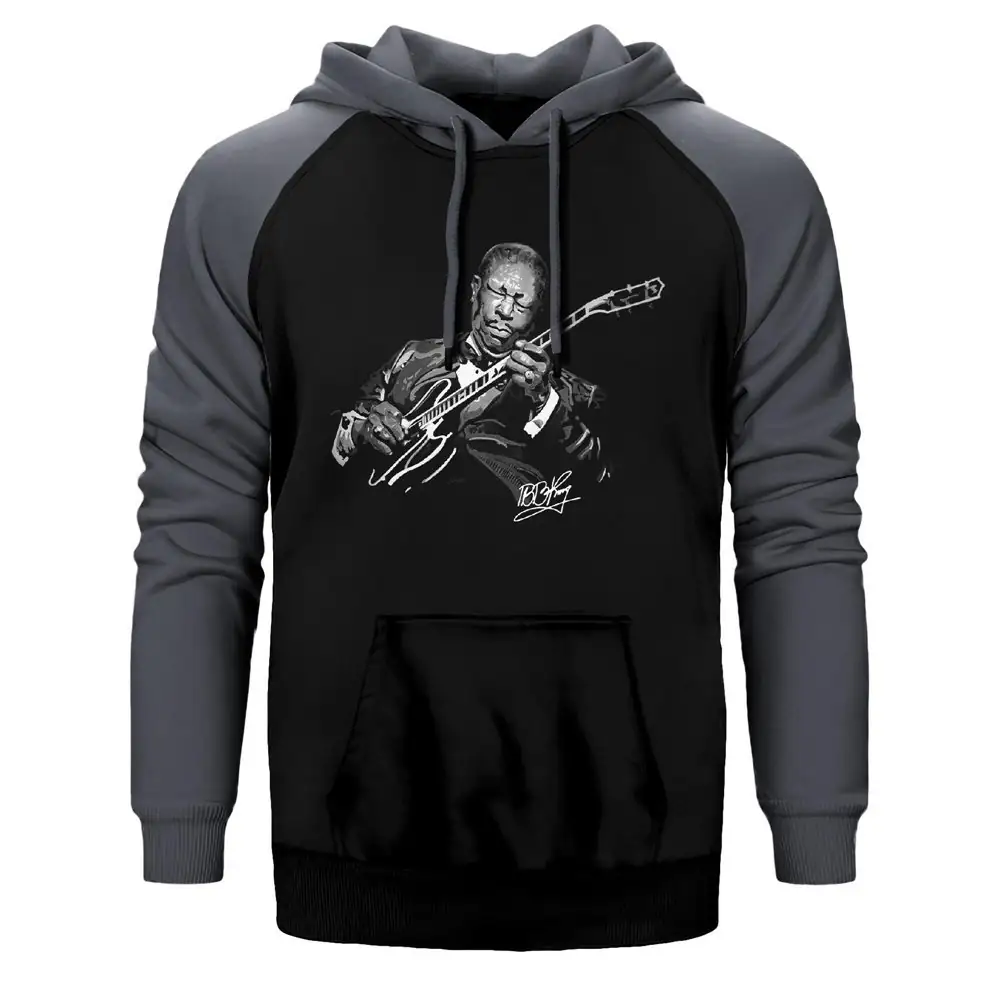 B B King Guitar Solo Hoodie, Double Color Raglan Sleeve Grey Sweatshirt