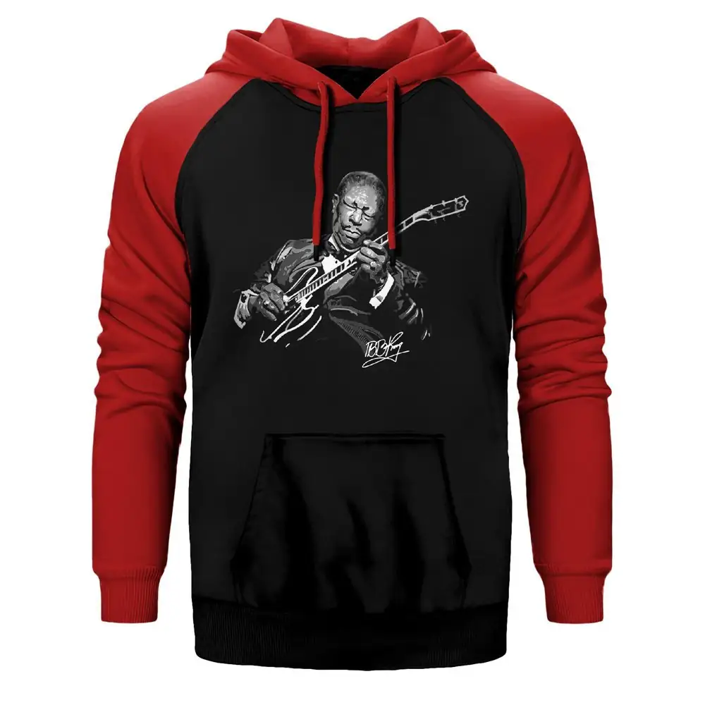 B B King Guitar Solo Hoodie, Double Color Raglan Sleeve Red Sweatshirt