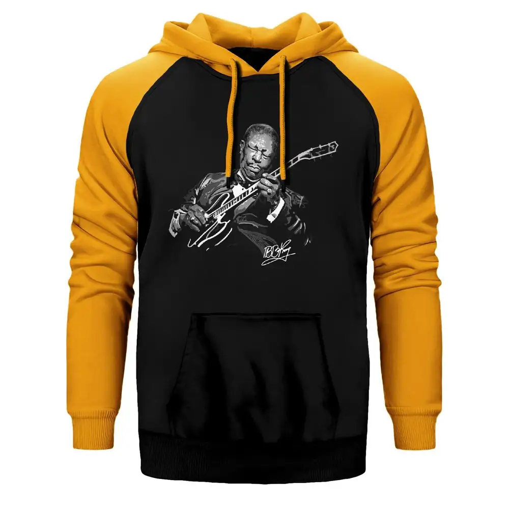 B B King Guitar Solo Hoodie, Double Color Raglan Sleeve Yellow Sweatshirt