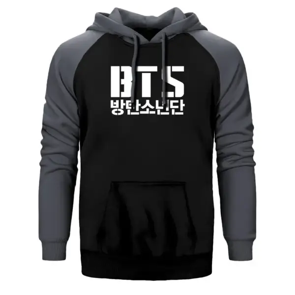 BTS Hoodie, Double Color Raglan Sleeve Grey Sweatshirt