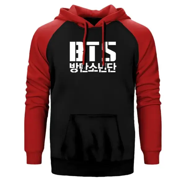 BTS Hoodie, Double Color Raglan Sleeve Red Sweatshirt