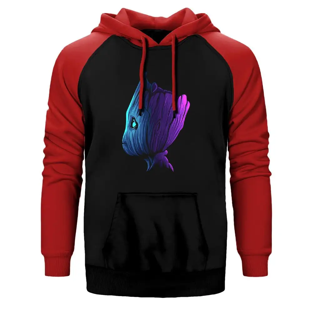 Baby Groot Hoodie, Double Color Raglan Sleeve Red Sweatshirt
