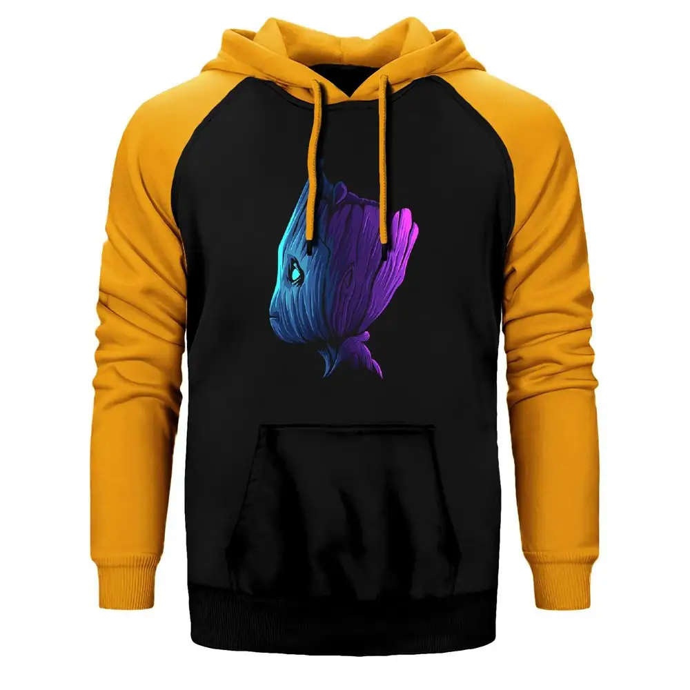 Baby Groot Hoodie, Double Color Raglan Sleeve Yellow Sweatshirt