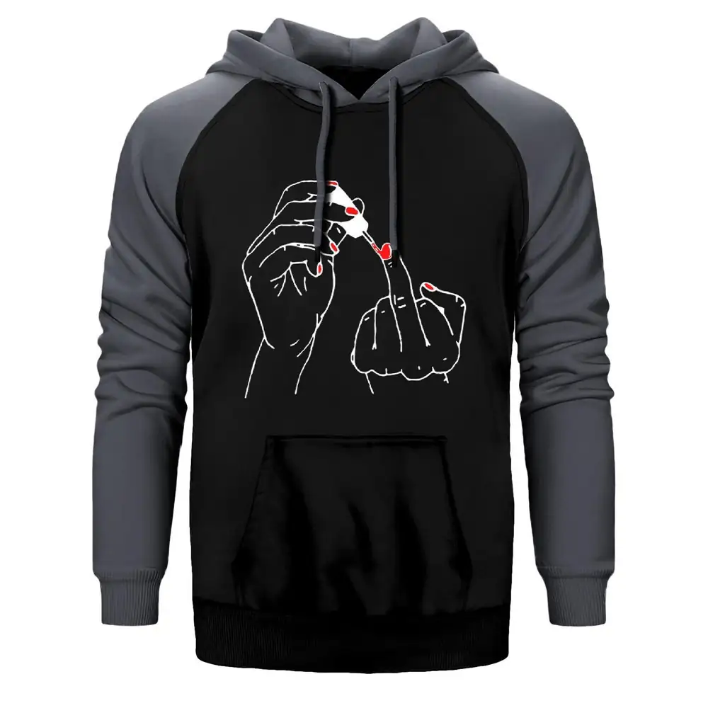 Bad Girl Middle Finger Hoodie, Double Color Raglan Sleeve Grey Sweatshirt