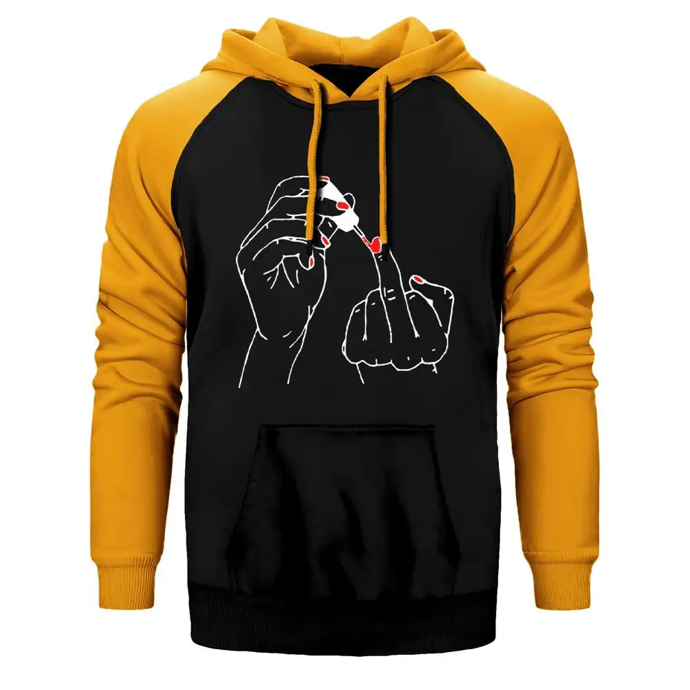 Bad Girl Middle Finger Hoodie, Double Color Raglan Sleeve Yellow Sweatshirt