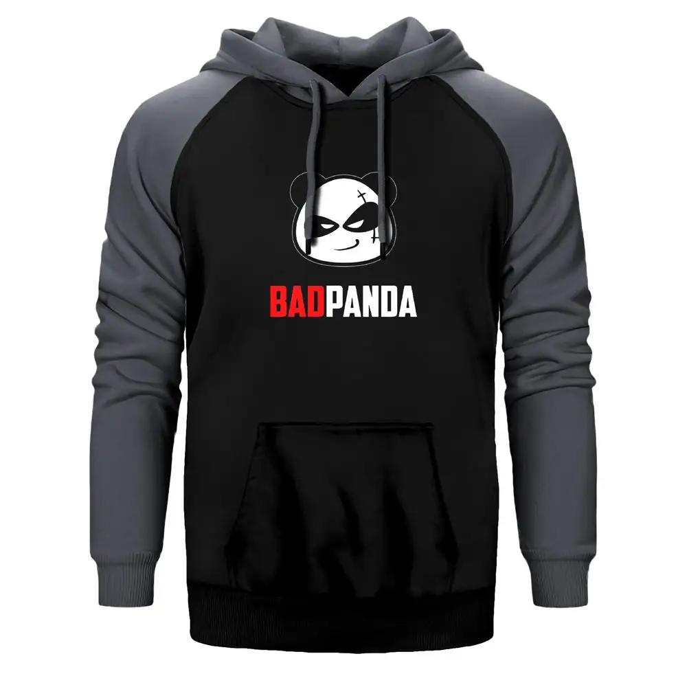 Bad Panda Hoodie, Double Color Raglan Sleeve Grey Sweatshirt