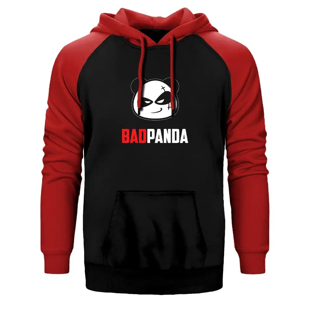 Bad Panda Hoodie, Double Color Raglan Sleeve Red Sweatshirt