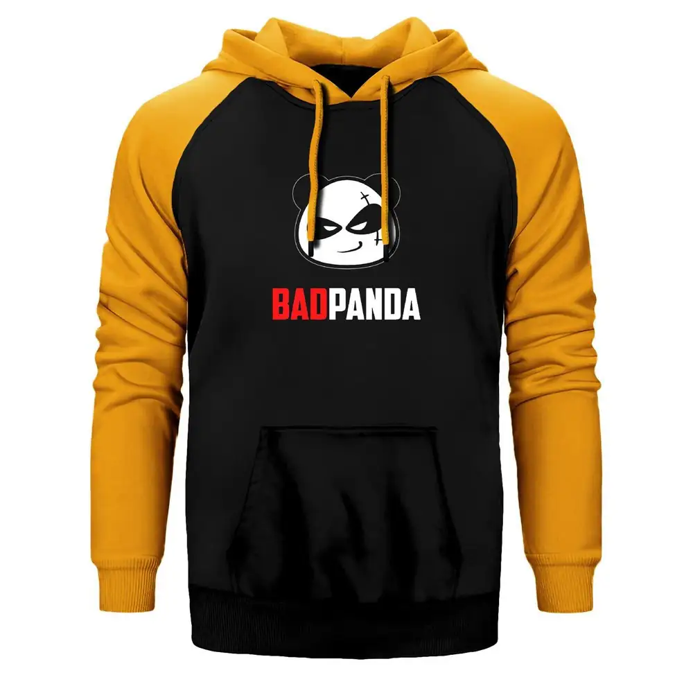 Bad Panda Hoodie, Double Color Raglan Sleeve Yellow Sweatshirt