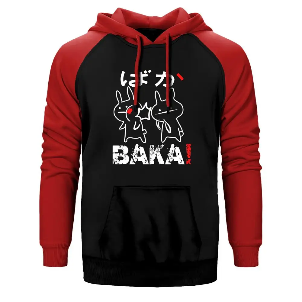 Baka Hoodie, Double Color Raglan Sleeve Red Sweatshirt