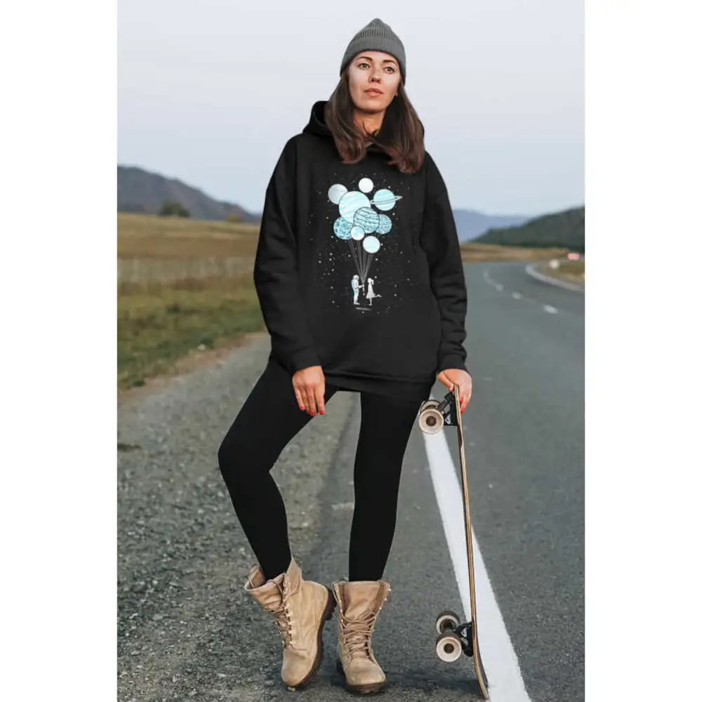 Balloon Planets Hoodie Thick Oversize Women's Black Sweatshirt