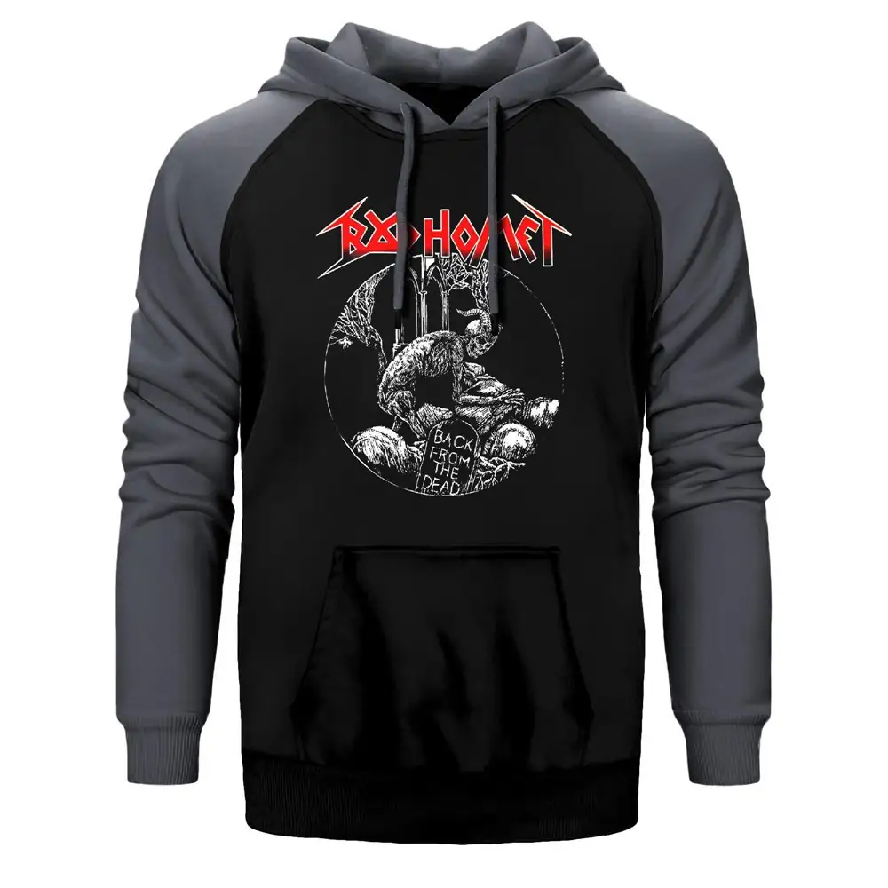 Baphomet Back From The Dead Hoodie, Double Color Raglan Sleeve Grey Sweatshirt
