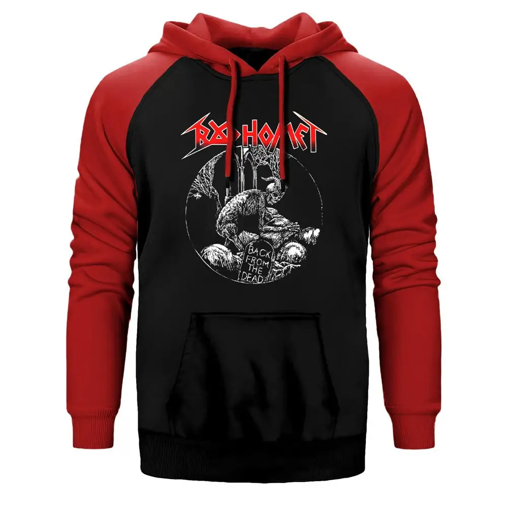 Baphomet Back From The Dead Hoodie, Double Color Raglan Sleeve Red Sweatshirt