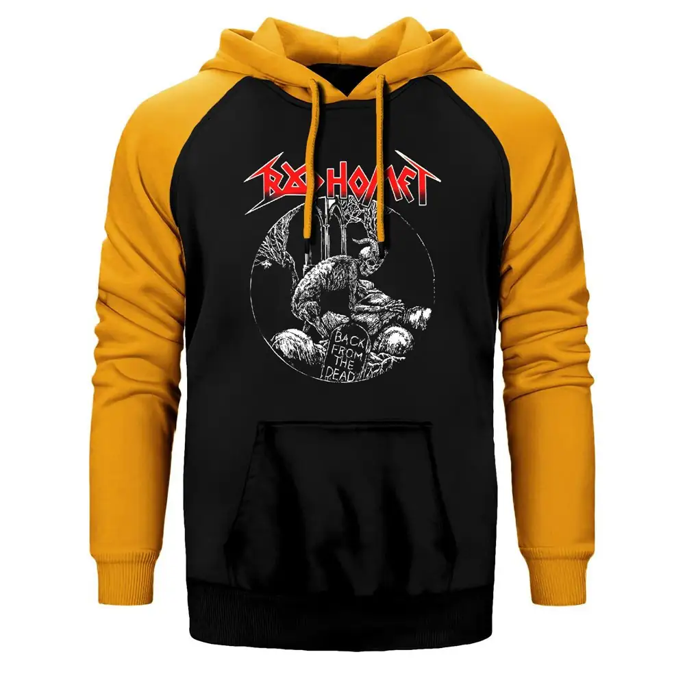 Baphomet Back From The Dead Hoodie, Double Color Raglan Sleeve Yellow Sweatshirt