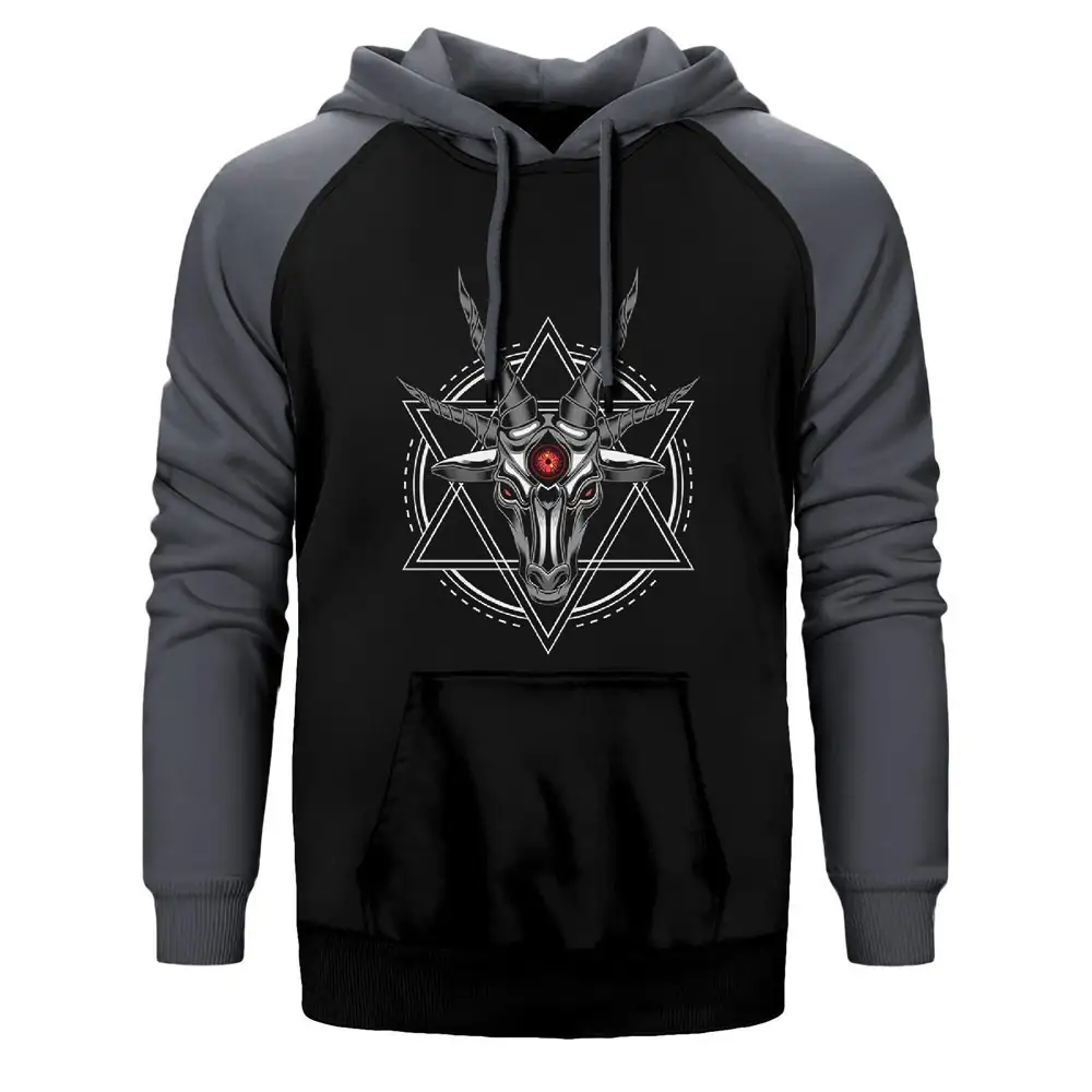 Baphomet Goat Head Hoodie, Double Color Raglan Sleeve Grey Sweatshirt