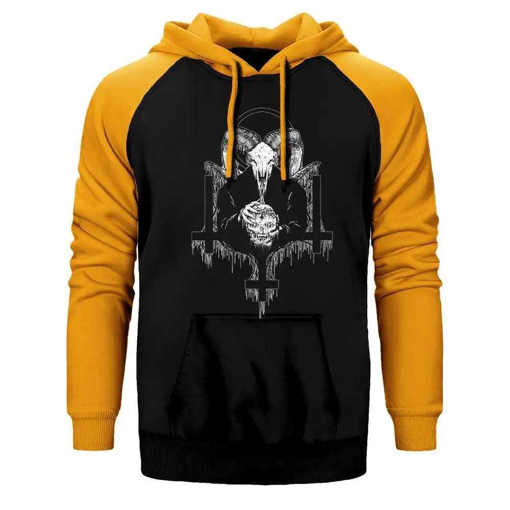 Baphomet Hoodie, Double Color Raglan Sleeve Yellow Sweatshirt