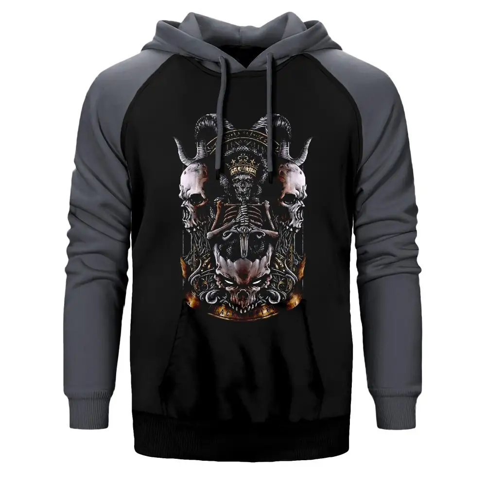 Baphomet Skull Limited Hoodie, Double Color Raglan Sleeve Grey Sweatshirt