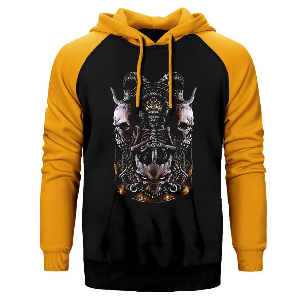 Baphomet Skull Limited Hoodie, Double Color Raglan Sleeve Yellow Sweatshirt