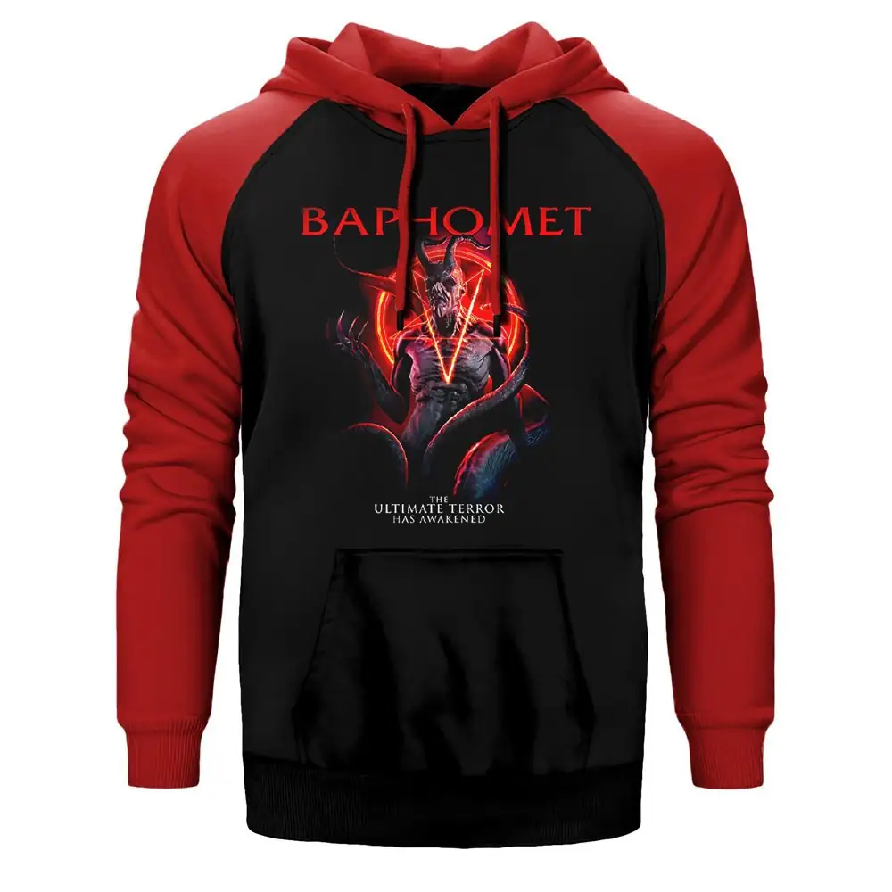 Baphomet The Ultimate Hoodie, Double Color Raglan Sleeve Red Sweatshirt
