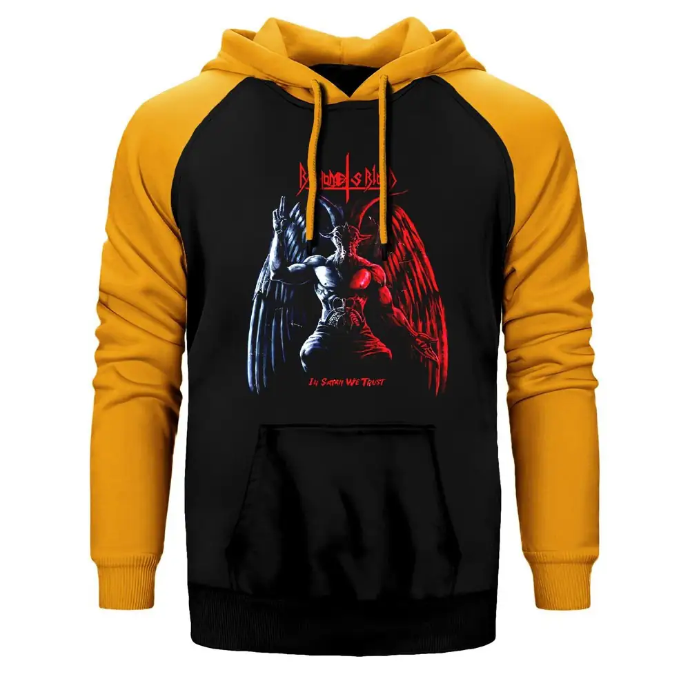 Baphomet is Blood Hoodie, Double Color Raglan Sleeve Yellow Sweatshirt