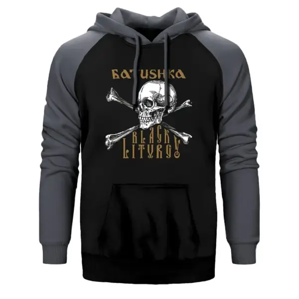 Batushka Black Liturgy Hoodie, Double Color Raglan Sleeve Grey Sweatshirt