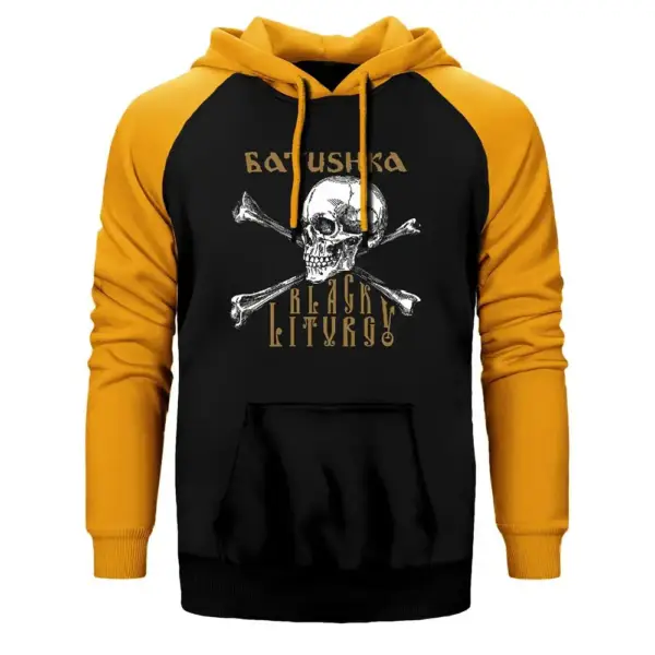 Batushka Black Liturgy Hoodie, Double Color Raglan Sleeve Yellow Sweatshirt