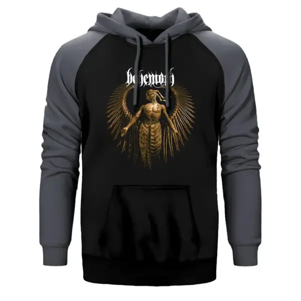 Behemoth Cover Hoodie, Double Color Raglan Sleeve Grey Sweatshirt