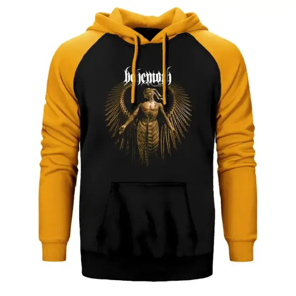 Behemoth Cover Hoodie, Double Color Raglan Sleeve Yellow Sweatshirt