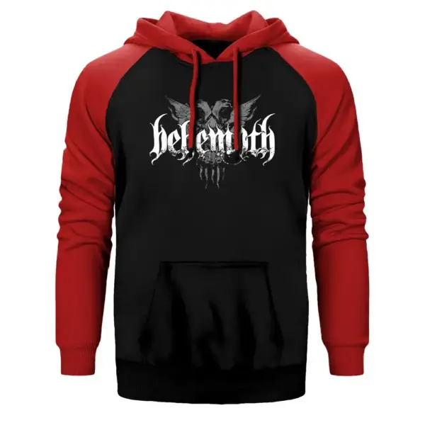 Behemoth Group Hoodie, Double Color Raglan Sleeve Red Sweatshirt
