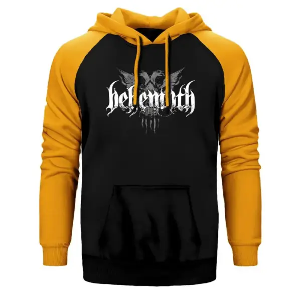 Behemoth Group Hoodie, Double Color Raglan Sleeve Yellow Sweatshirt