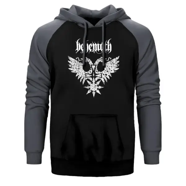Behemoth Logo Hoodie, Double Color Raglan Sleeve Grey Sweatshirt