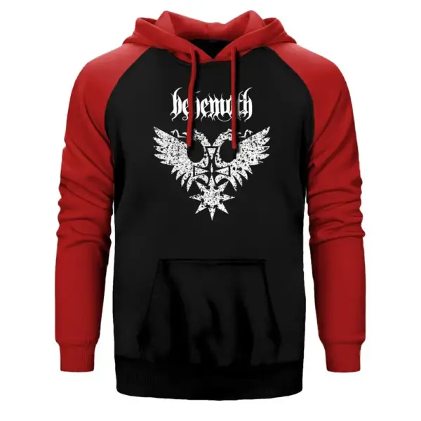 Behemoth Logo Hoodie, Double Color Raglan Sleeve Red Sweatshirt