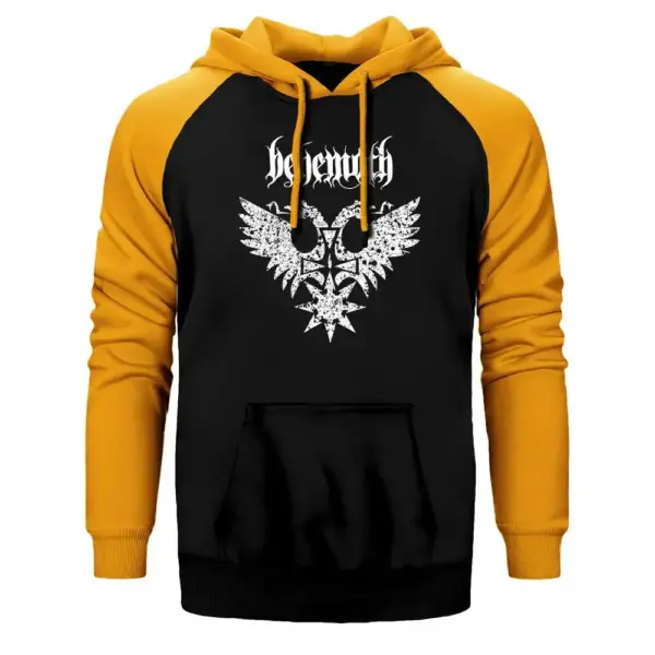Behemoth Logo Hoodie, Double Color Raglan Sleeve Yellow Sweatshirt