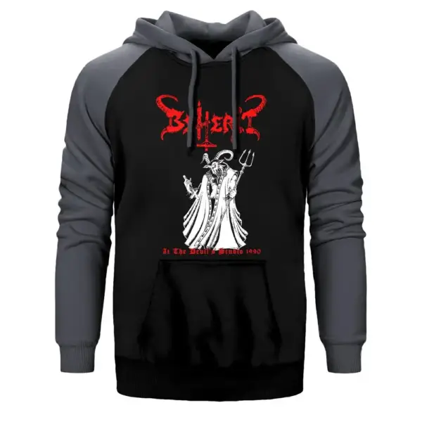 Beherit At The Devil's Studio 1990 Hoodie, Double Color Raglan Sleeve Grey Sweatshirt
