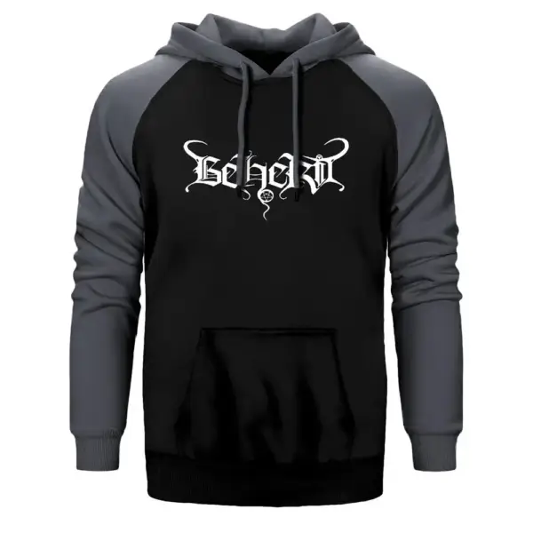 Beherit Logo Hoodie, Double Color Raglan Sleeve Grey Sweatshirt