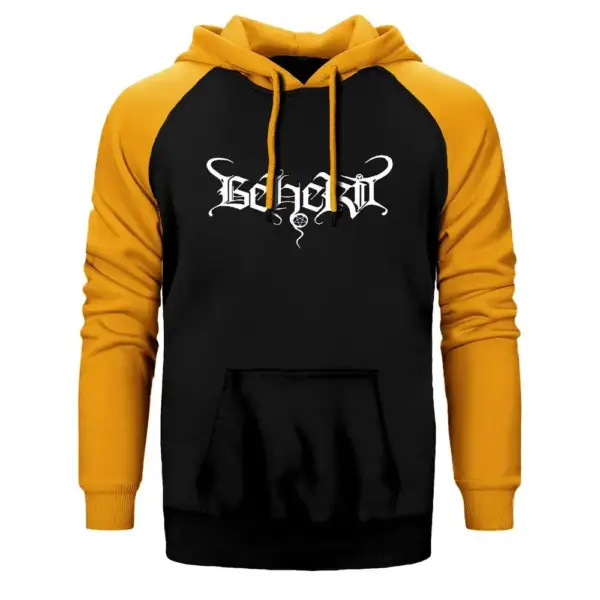 Beherit Logo Hoodie, Double Color Raglan Sleeve Yellow Sweatshirt