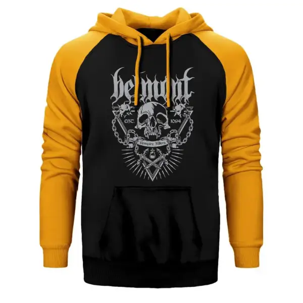 Belmont Vampire Killer Hoodie, Double Color Raglan Sleeve Yellow Sweatshirt