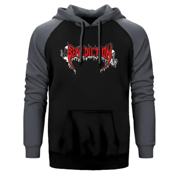 Benediction - Logo Hoodie, Double Color Raglan Sleeve Grey Sweatshirt