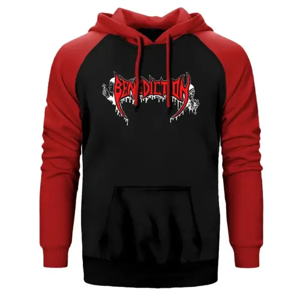 Benediction - Logo Hoodie, Double Color Raglan Sleeve Red Sweatshirt