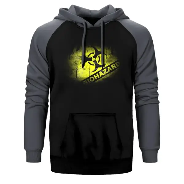 Biohazard Danger Hoodie, Double Color Raglan Sleeve Grey Sweatshirt