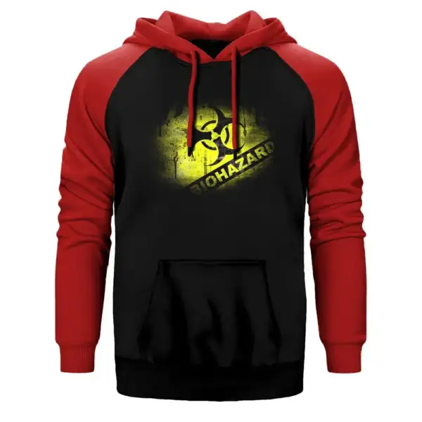 Biohazard Danger Hoodie, Double Color Raglan Sleeve Red Sweatshirt