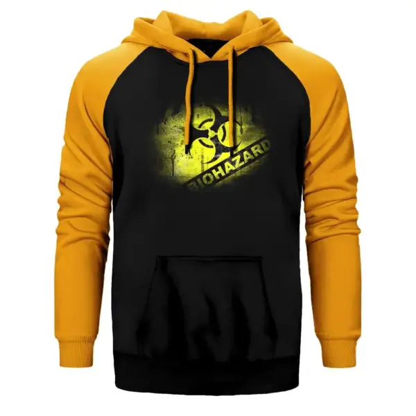 Biohazard Danger Hoodie, Double Color Raglan Sleeve Yellow Sweatshirt